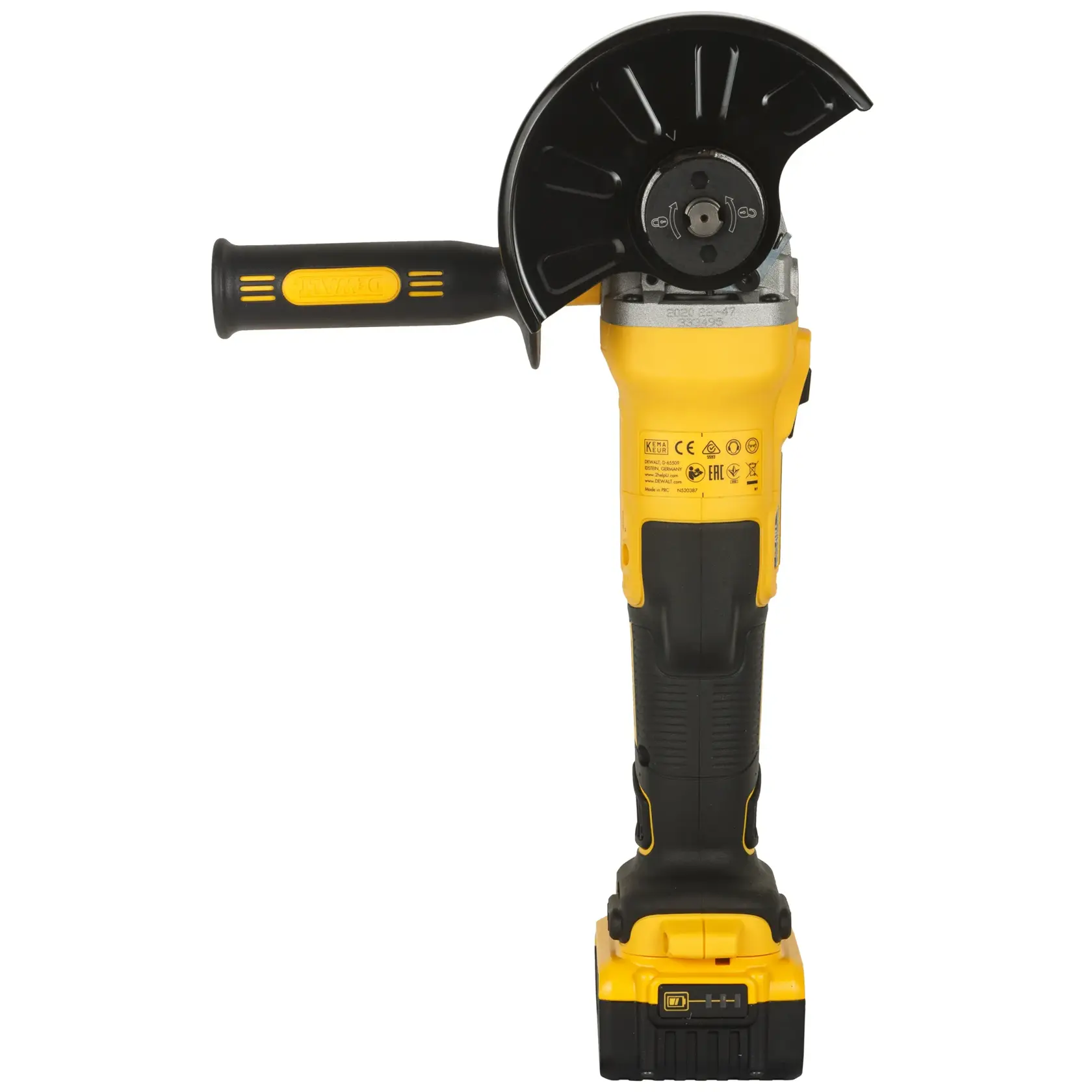DEWALT 得偉 DCG405P2T 20V 無刷 4吋砂輪機(側開關)正面
