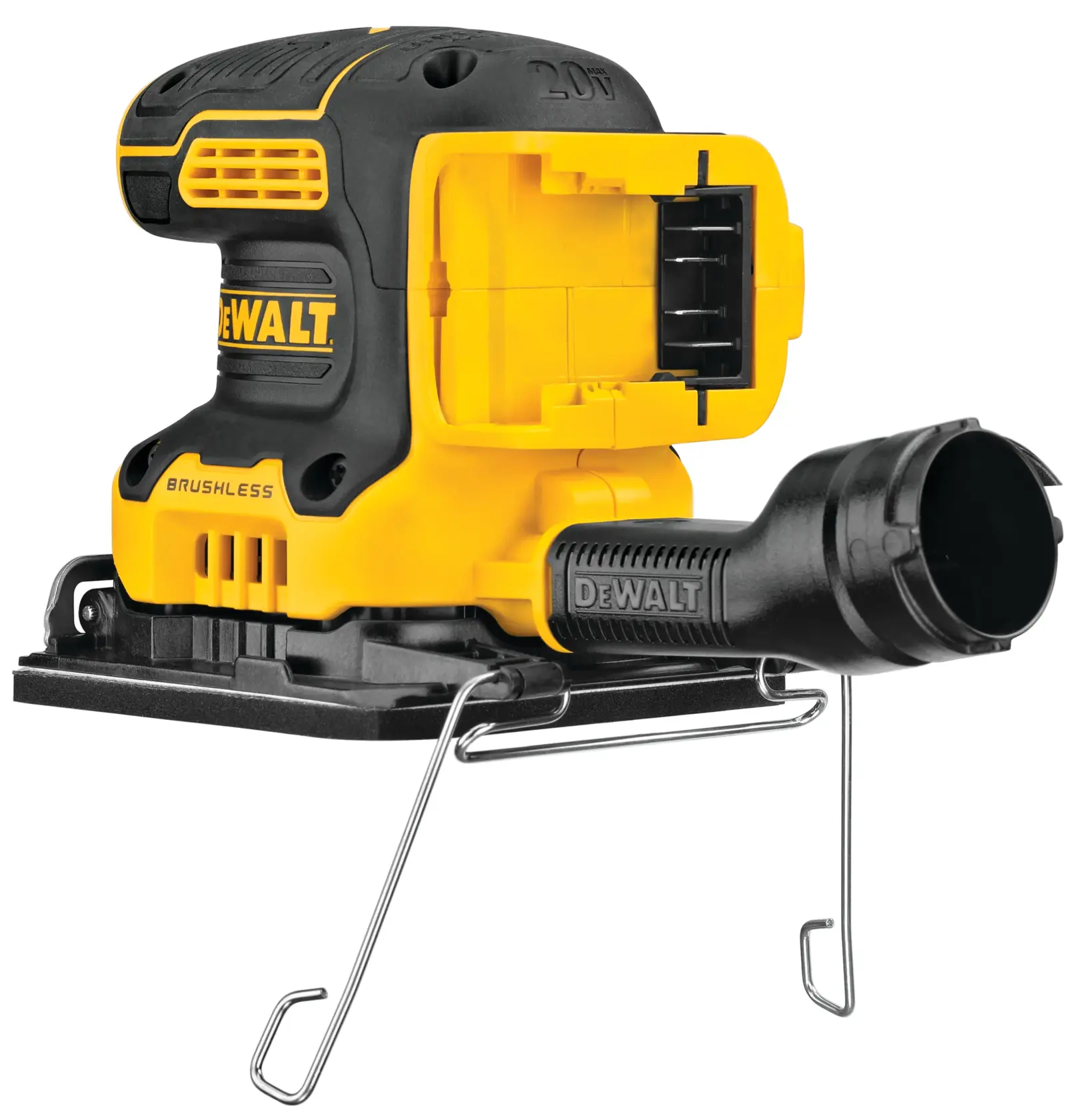 DEWALT 得偉 DCW200B 20V MAX 無碳刷 1/4 砂磨機(背面,顯示 20V 電池接口)