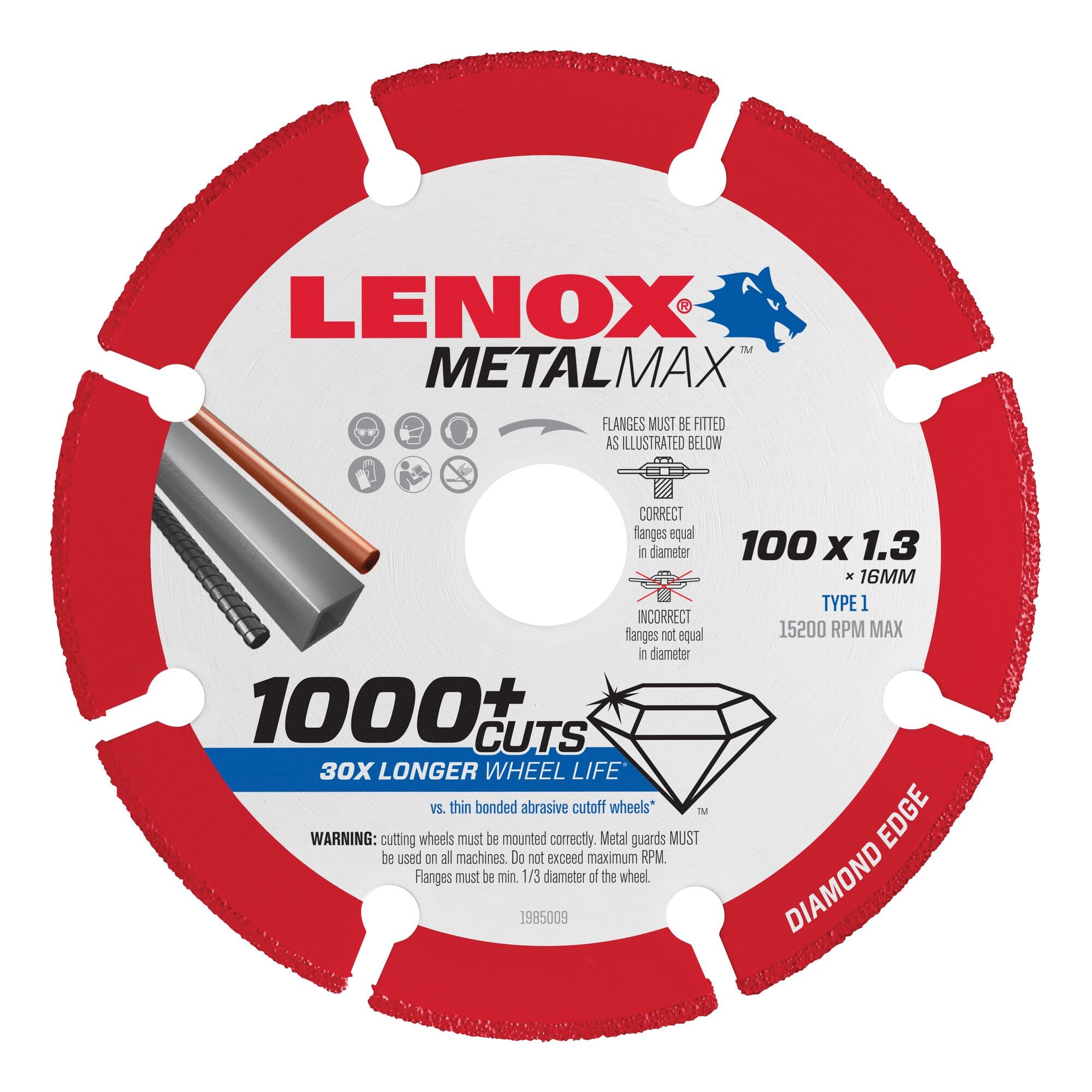 LENOX LE-1985009 METALMAX 4 in Diamond Cut-Off Wheel 100 x 1.3 x 16 mm