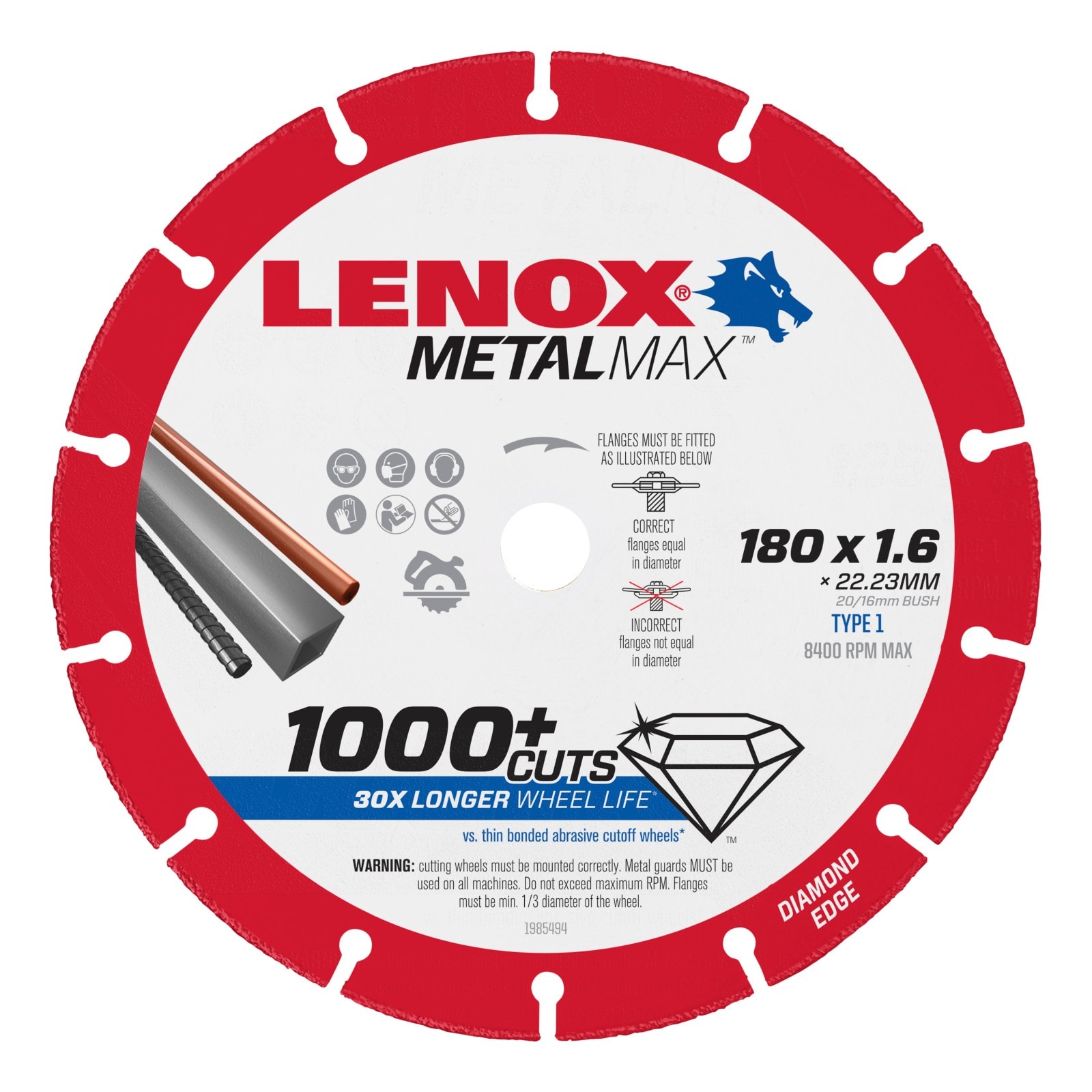 LENOX 狼牌 LE-1985494 METALMAX 鑽石切割砂輪片 180 x 1.6 x 22.23mm 白底產品圖
