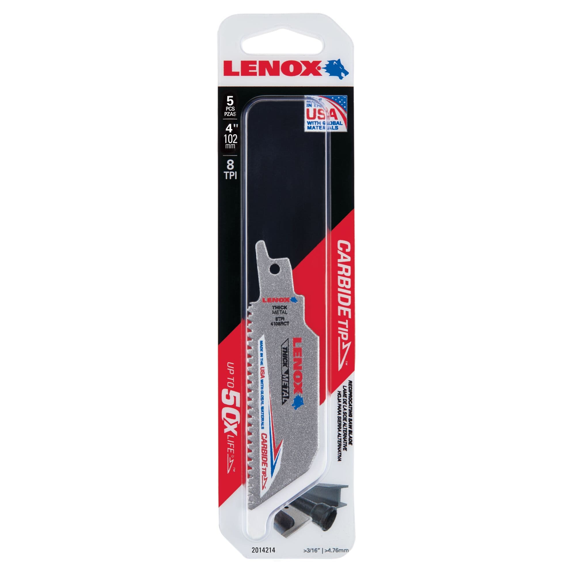 LENOX LE-2014214 4 in 8 TPI LAZER CT Carbide-Tipped Reciprocating Saw Blade