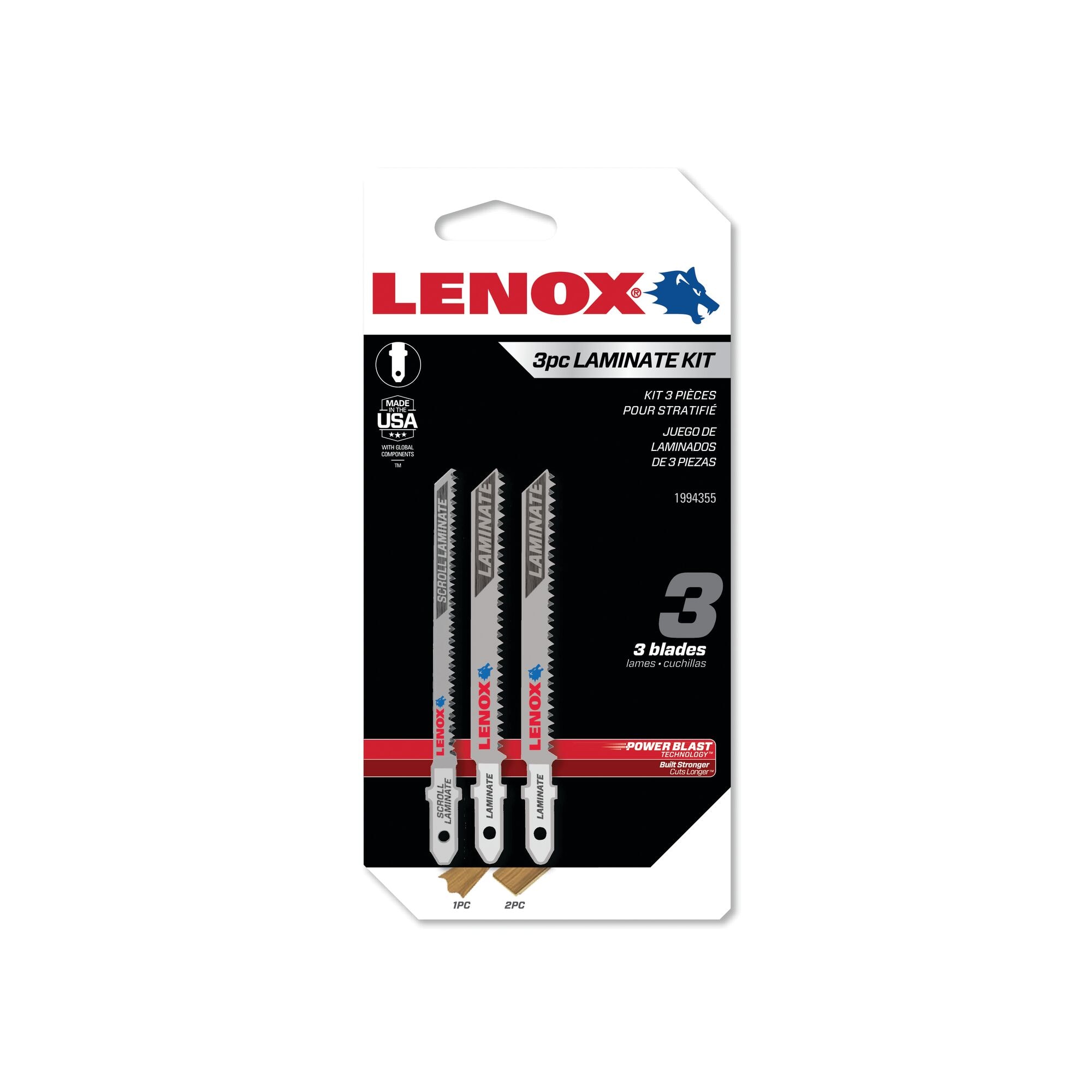 LENOX 狼牌 LE-1994355 3 件式木工線鋸片組(複合板用)白底產品圖,內含 B320TS 窄身鋸片 1 片與 B314LT 鋸片 2 片,共 3 片