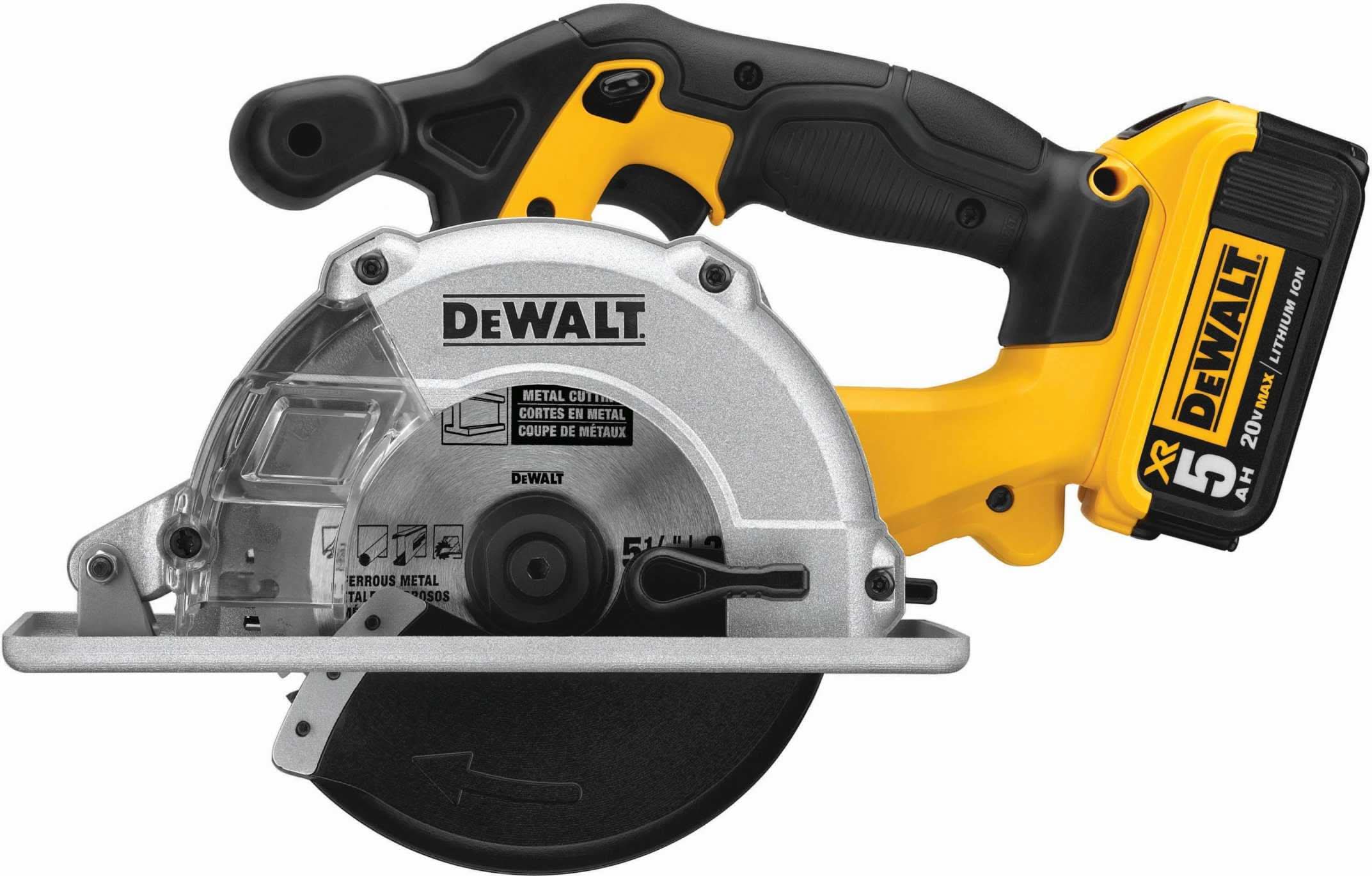 DEWALT 得偉 DCS373 20V 鐵工用金屬圓鋸機(側面,配 5.0Ah 電池)