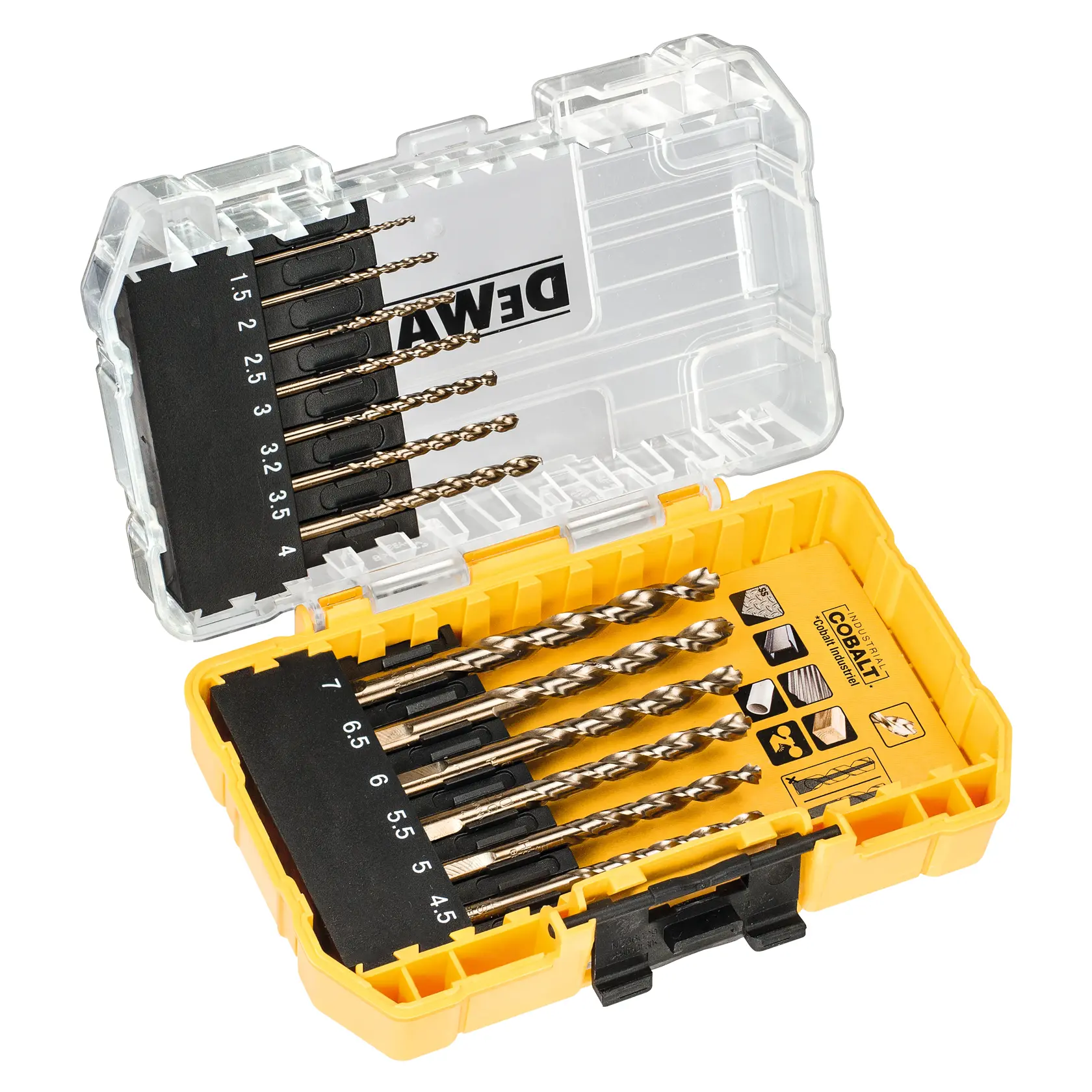 DEWALT DT4968-QZ 13 支鈷合金金屬鑽咀套裝,收納於黃色透明 ToughCase 內