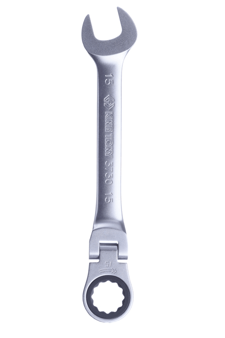 KING TONY 373015M 15 mm 搖頭式棘輪梅開扳手實物正面,白底,刻有 15