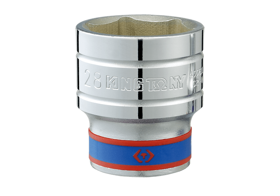 圖片為 KING TONY 4335 系列原廠示意照,圖中工具標示 28 mm,並非本款的獨立包裝照。本款為 433528M,1/2 吋驅動、28 mm 六角標準套筒,售價以一顆計。