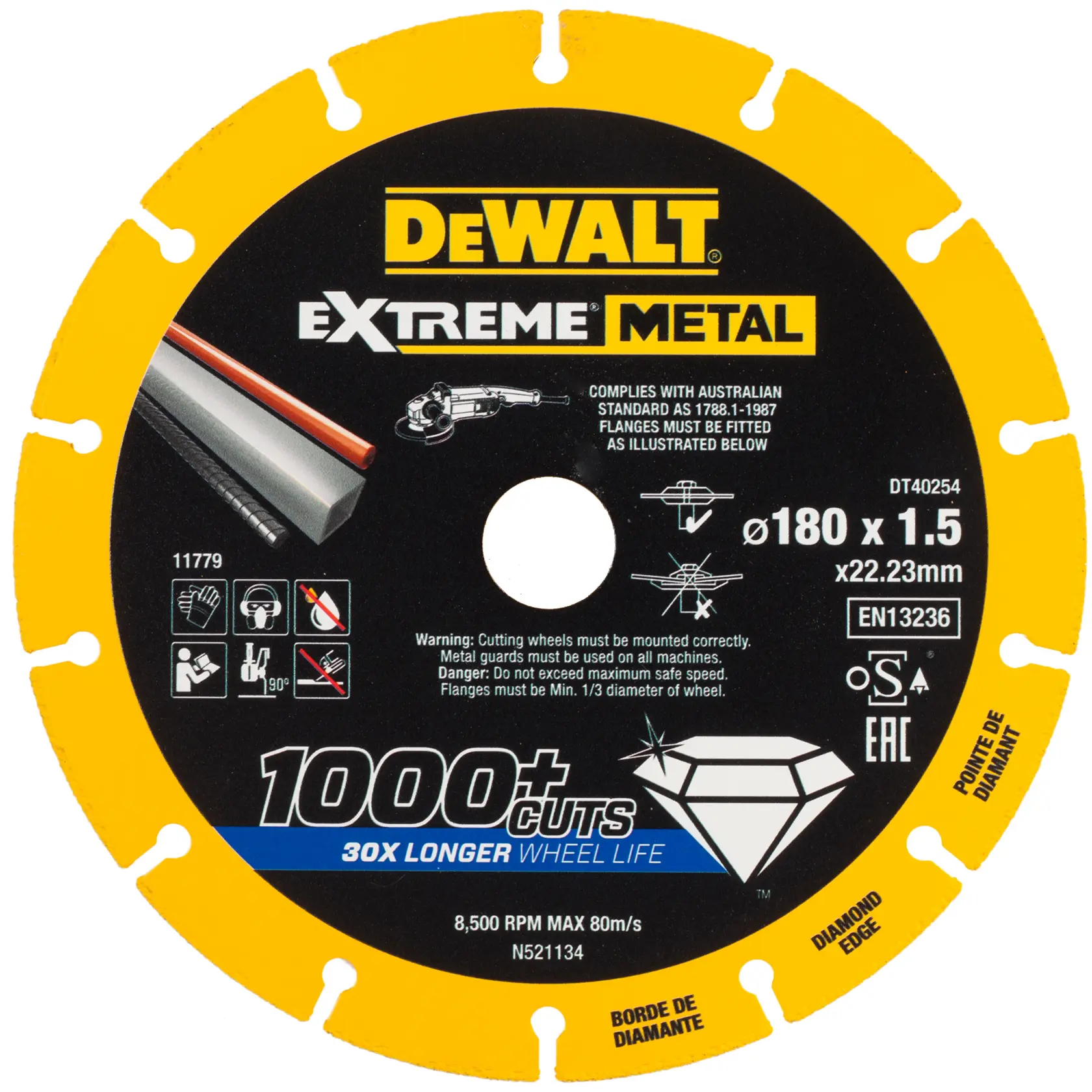 DEWALT DT40254-QZ EXTREME METAL 180 x 22.23 x 1.5 mm 鑽石金屬切割碟白底產品圖