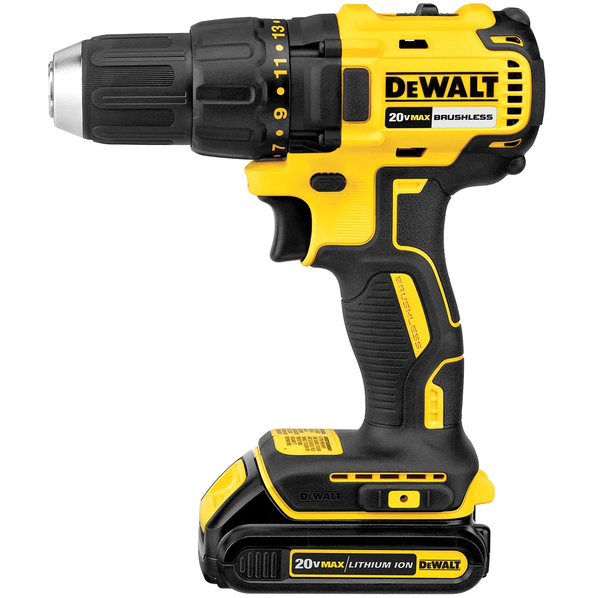 DEWALT 得偉 DCD777 20V MAX 無刷電鑽連2.0Ah電池(側面)