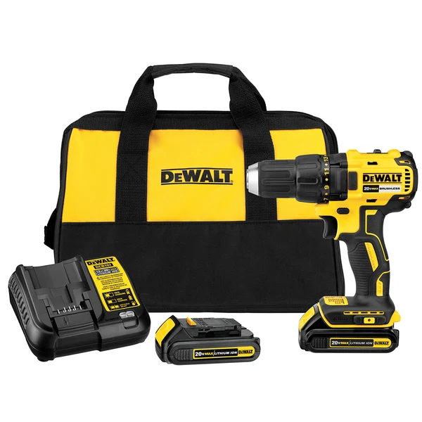 DEWALT 得偉 DCD777 20V MAX 無刷電鑽套裝連充電器、2.0Ah電池及工具袋(三角度)