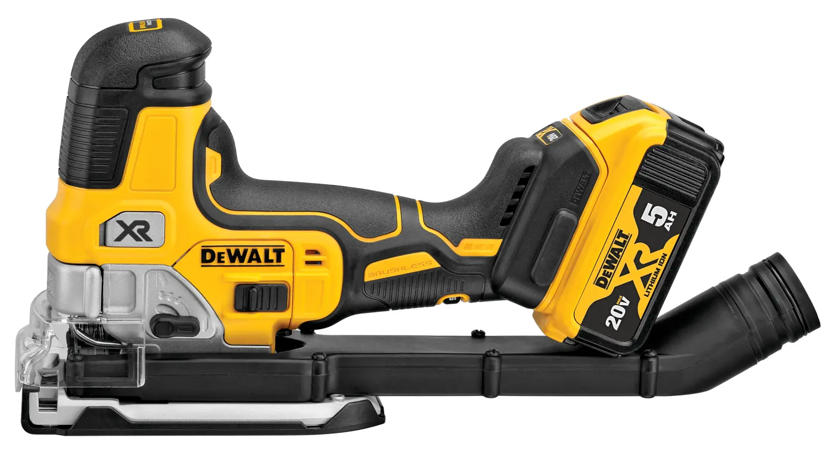 DEWALT 得偉 DCS335B 20V 無碳刷線鋸機(空機)側面(連電池及集塵口)