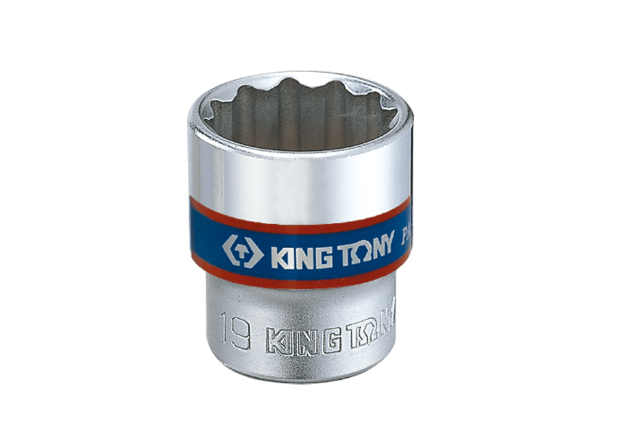 KING TONY 3330M 系列十二角標準套筒示意,圖上標記19mm;本商品333023M為23mm、3/8吋方頭,單顆販售