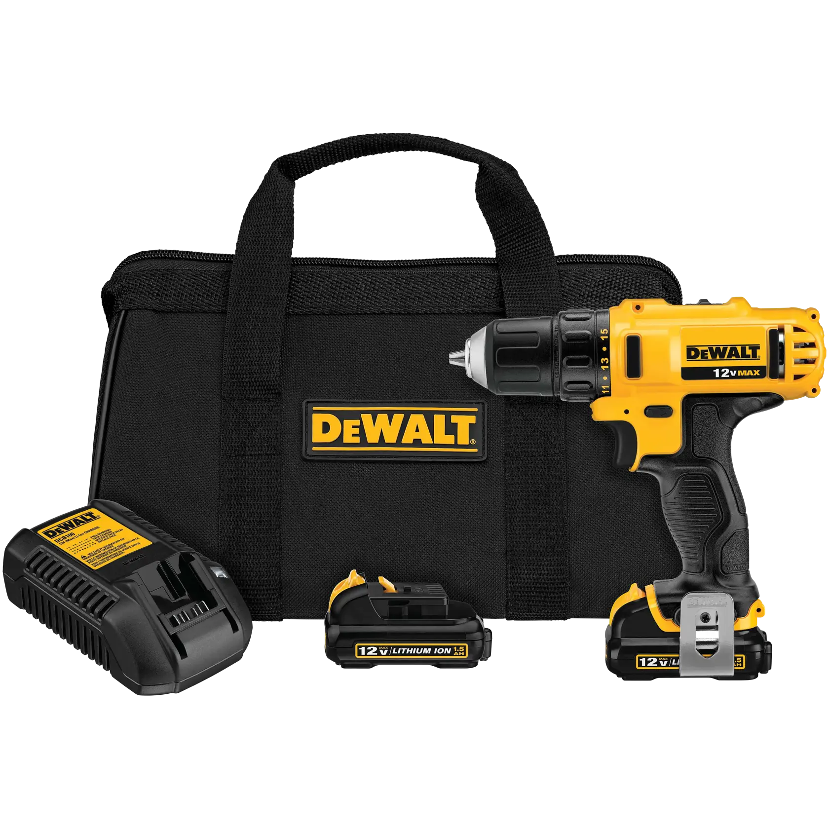 DEWALT 得偉 DCD710 12V MAX 電鑽套裝連工具袋、充電器及2.0Ah電池(正面)