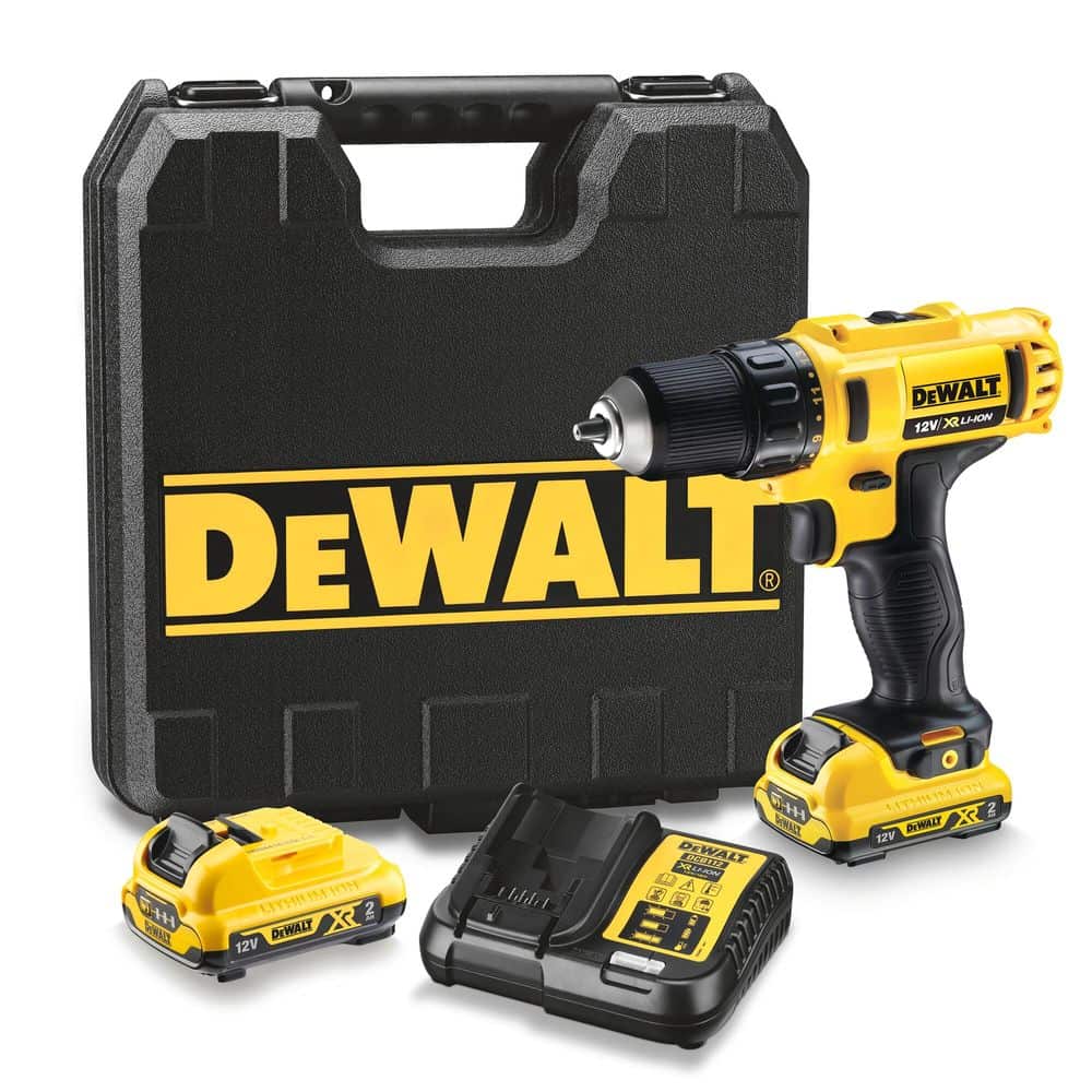 DEWALT 得偉 DCD710D2 12V XR 電鑽套裝連硬盒、兩顆2.0Ah電池及充電器(正面)