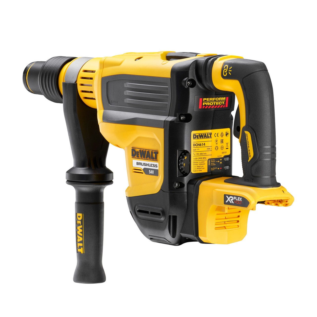 DEWALT 得偉 DCH614 FlexVolt 無碳刷五溝二用電鎚鑽(斜側三分之四角度)