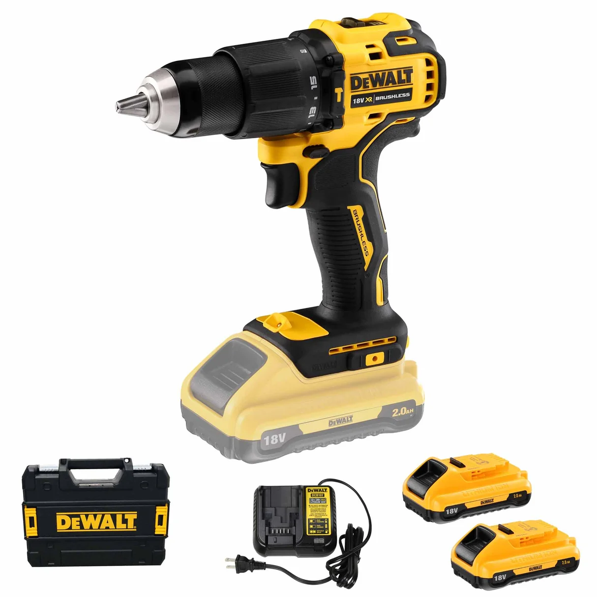 DEWALT 得偉 DCD709D2T 20V 無碳刷震動電鑽起子機 套裝(正面斜角,連工具箱及配件)