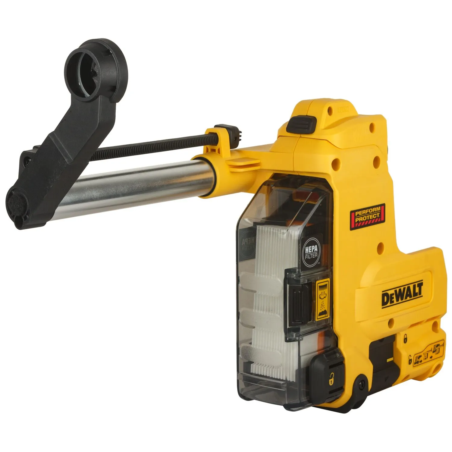 DEWALT 得偉 D25304DH 充電電鎚鑽集塵器(斜視,顯示透明集塵盒)